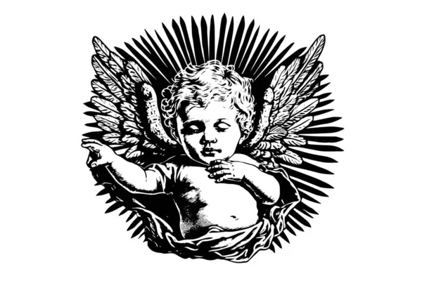 Μικρός Άγγελος Στο Πλαίσιο Διάνυσμα Ρετρό Στυλ Χαρακτική Ασπρόμαυρη Εικόνα — Διανυσματικό Αρχείο