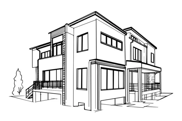 现代房屋的黑白水墨草图 雕刻风格图解 — 图库矢量图片