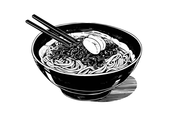 Ramen Noodle Japanese Food Vector Engraving Style Illustration Ink Sketch — Stock Vector