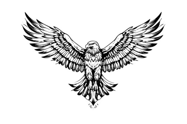 Flying eagle logotype mascot in engraving style. Vector illustration of sign or mark