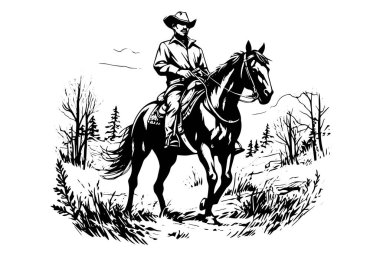 İşleme tarzında at üstündeki kovboy. El çizimi mürekkep çizimi. Vektör illüstrasyonu