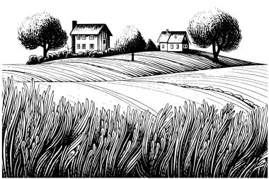 Kır manzarası ve kabartma stili bir çiftlik. El çizimi vektör çizimi