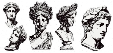 Antik heykel seti Yunan heykeli başkanı kabartma stili illüstrasyon paketi