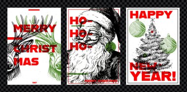 Set of Merry Christmas flyer, poster or postcard with reindeer, Santa Claus and a Christmas tree. Vintage vector card with hand drawn in engraved style clipart