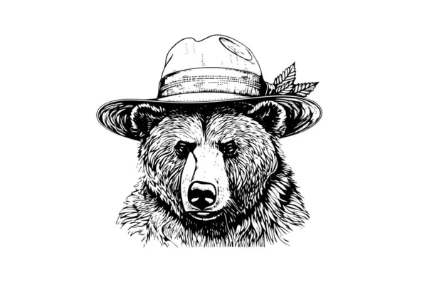 Bear Head Hat Logotype Vector Engraving Style Illustration — Stock Vector
