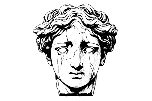 Cracked Statue Head Greek Sculpture Hand Drawn Engraving Style Sketch — Stock Vector