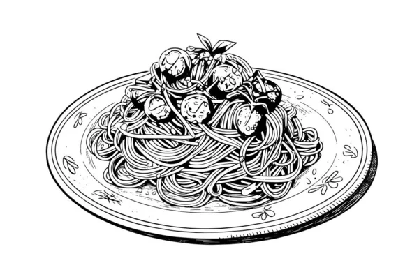 Italian Pasta Spaghetti Plate Fork Spaghetti Vector Engraving Style Illustration — Stock Vector