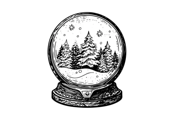 Frohe Weihnachten Geschenk Schneekugel Schneeflockenbaum Innen Vektor Graviertinte Skizze Illustration — Stockvektor