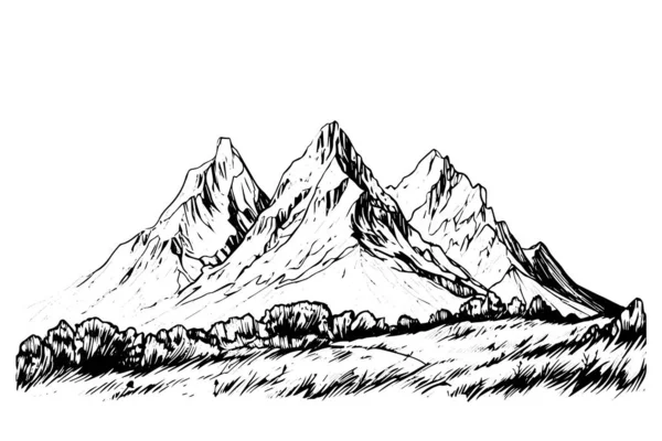 Dibujo Tinta Dibujado Mano Del Paisaje Montaña Logotipo Estilo Grabado — Archivo Imágenes Vectoriales