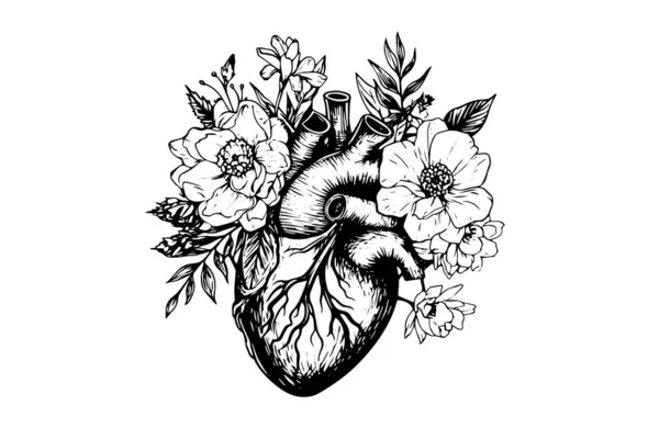 Sevgililer günü kart çizimi. Çiçeksel anatomik kalp. Vektör illüstrasyonu