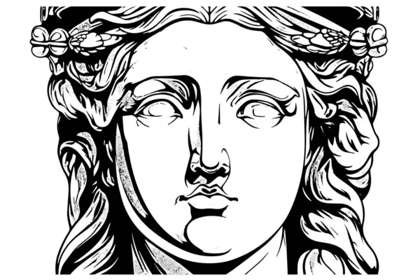 ギリシャ彫刻の手描きの彫刻スタイルのスケッチの割れた彫像の顔 ベクトルイラスト プリント タトゥー デザインのための画像 — ストックベクタ