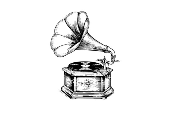 Retro Phonographe Gramophone Vintage Gravé Illustration Vectorielle Croquis Art Dessiné — Image vectorielle