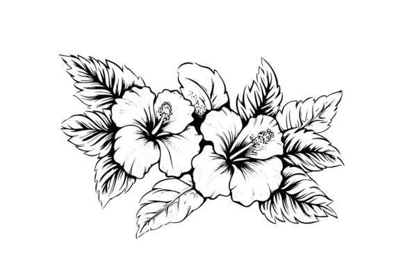 Hibiscus Çiçekleri Eski Ahşap Oyma Tarzında Vektör Illüstrasyonu — Stok Vektör