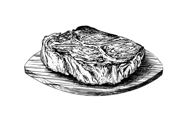 Steak Viande Sur Planche Bois Dessin Main Croquis Gravure Style — Image vectorielle