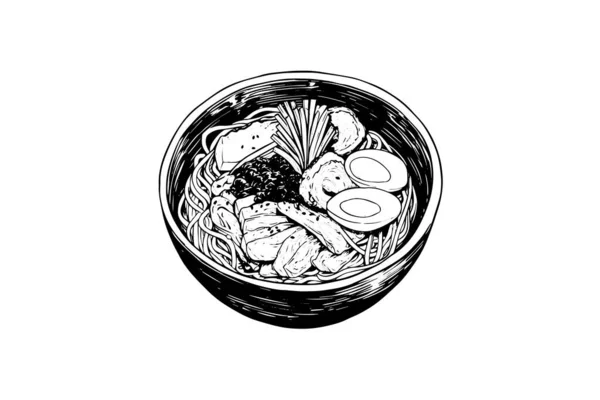 Ramen Noodle Japanese Food Vector Illustration Style Gravure Croquis Encre — Image vectorielle