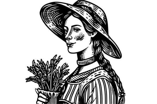 Une Agricultrice Récoltant Dans Champ Style Gravure Dessin Illustration Vectorielle — Image vectorielle