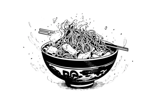 Ramen Noodle Japanese Food Vector Engraving Style Illustration Ink Sketch — Stock Vector