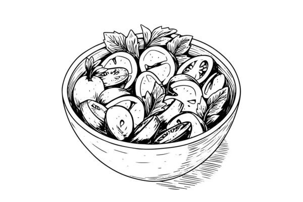 Kase Sebze Salatası Mürekkebi Elle Çizilmiş Şleme Biçimi Vektör Illüstrasyonu — Stok Vektör