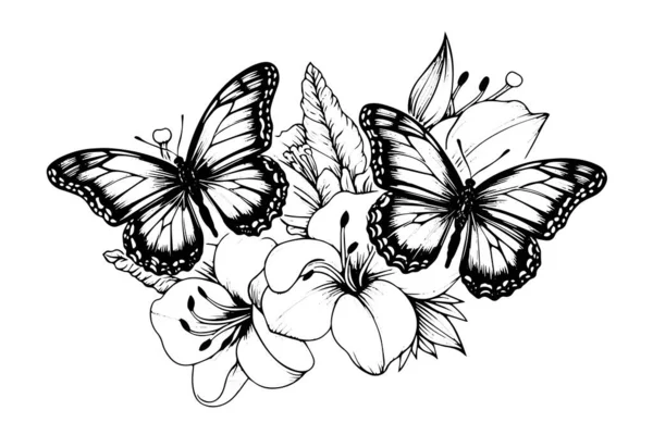 Pillangók Vázlata Virágokon Kézzel Rajzolt Gravírozás Stílus Vektor Illusztráció — Stock Vector