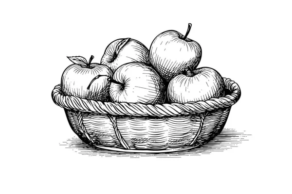 Jabłka Koszu Owoców Ręcznie Rysowane Grawerowanie Styl Ilustracje Wektor — Wektor stockowy