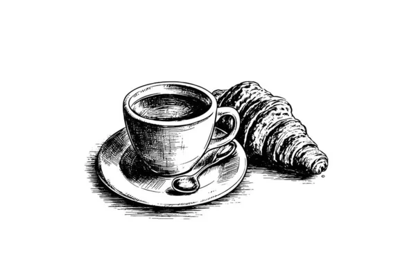 Чашка Кофе Круазаном Тарелке Ложкой Ручная Рисованная Векторная Гравировка — стоковый вектор
