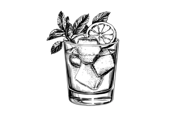 Мохито Коктейль Выгравирован Изолированной Векторной Иллюстрацией Напитка Черно Белый Эскиз — стоковый вектор