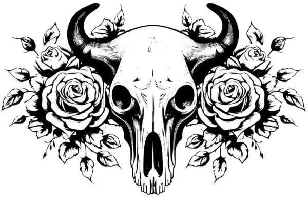 Cráneo Búfalo Ilustración Vectorial Dibujado Mano Estilo Grabado Boceto Tinta — Vector de stock