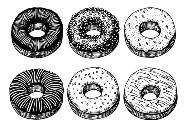 Набор Вкусных Пончиков Стиле Гравировки Векторная Иллюстрация Ручной Работы — стоковый вектор