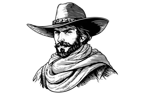 Busto Cowboy Testa Cappello Stile Incisione Schizzo Inchiostro Disegnato Mano — Vettoriale Stock