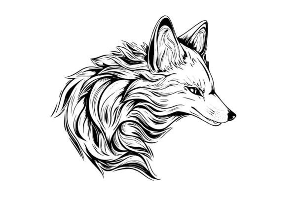 狐狸牌吉祥物手绘墨迹素描 版画风格的矢量图解 — 图库矢量图片
