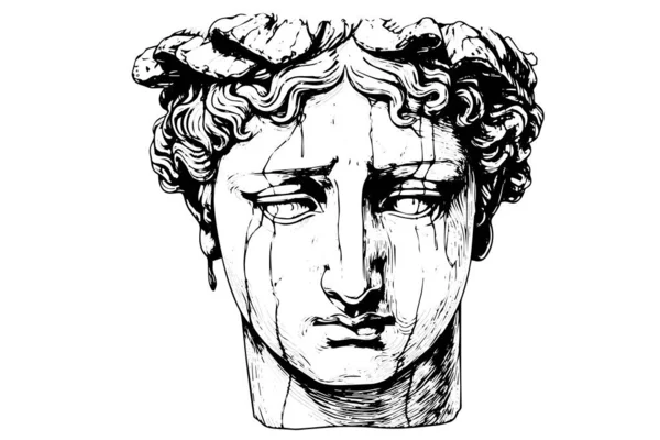 Cabeza Estatua Agrietada Escultura Griega Dibujado Mano Grabado Estilo Boceto — Vector de stock