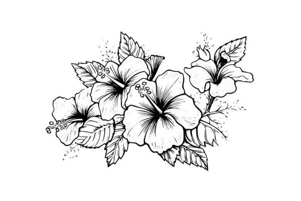 Hibiscus Çiçekleri Eski Ahşap Oyma Tarzında Vektör Illüstrasyonu — Stok Vektör