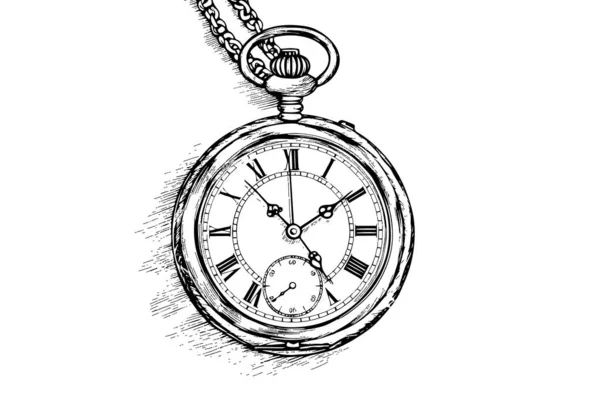 Reloj Bolsillo Antiguo Vintage Grabado Mano Ilustración Vector Dibujado — Vector de stock