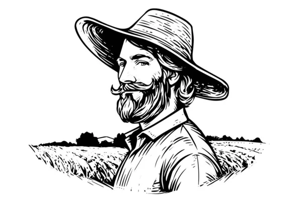 Boldog Farmer Kalap Gravírozás Stílusban Kézzel Rajzolt Tinta Vázlat Kórokozó — Stock Vector
