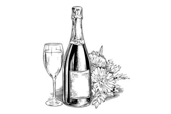 Bouteille Avec Champagne Verre Vin Gravure Fleurs Art Style Dessin — Image vectorielle