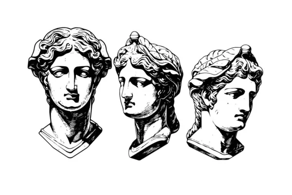 Set Estatua Antigua Cabeza Escultura Griega Boceto Grabado Estilo Vector — Vector de stock
