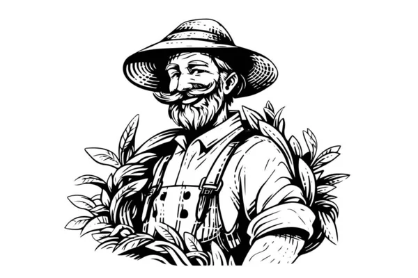 Ευτυχισμένος Αγρότης Στυλ Χαρακτικής Καπέλου Χειροποίητο Σκίτσο Εικόνα Λογότυπου Διανύσματος — Διανυσματικό Αρχείο