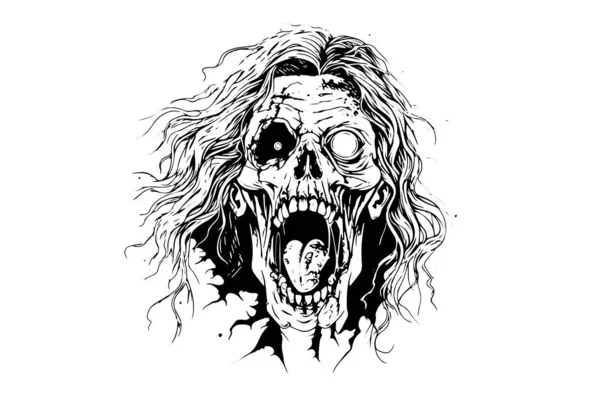 Zombie Head Face Ink Sketch Walking Dead Hand Drawing Vector — Stock Vector