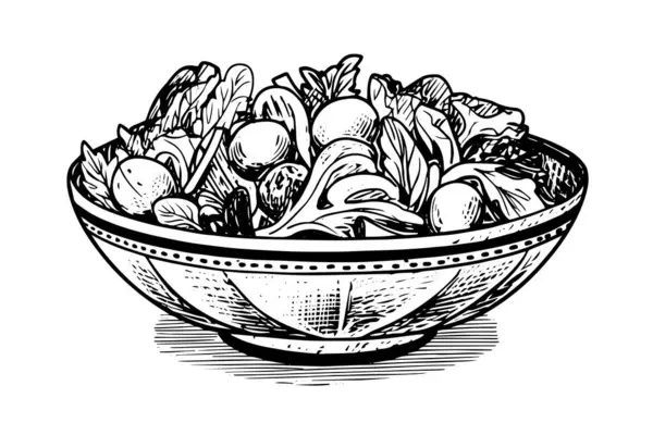 Тарелки Овощей Салат Чернила Рисовать Вручную Векторная Иллюстрация Стиля Гравировки — стоковый вектор