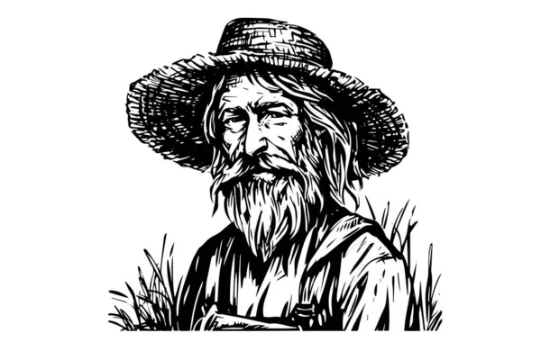 ハット彫刻スタイルでハッピー農家 手描きのインクスケッチ ベクトルロゴタイプイラスト — ストックベクタ