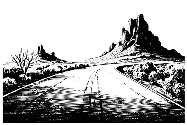 Route Désert Avec Montagnes Paysage Dessiné Main Croquis Encre Illustration — Image vectorielle