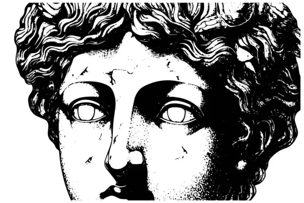 Fața Statuii Crăpate Sculpturii Grecești Desenate Manual Schiță Stil Gravură — Vector de stoc