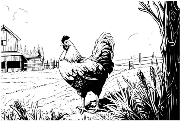 Κοτόπουλα Στο Σκετς Της Φάρμας Αγροτικό Τοπίο Vintage Χαρακτική Στυλ — Διανυσματικό Αρχείο