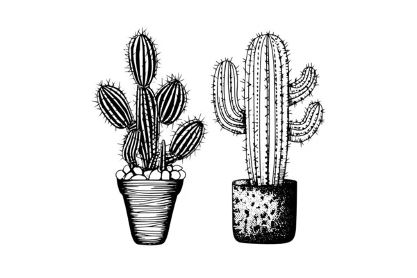 Uppsättning Kaktusar Handritade Bläckskiss Gravyr Stil Vektor Illustration — Stock vektor