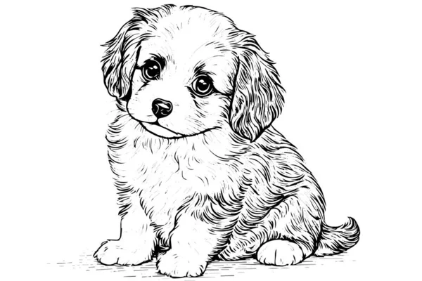 Bonito Cachorro Desenhado Mão Esboço Tinta Cão Gravura Estilo Vetor — Vetor de Stock