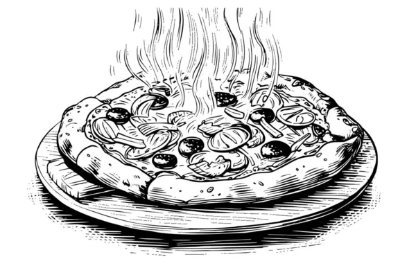 火辣的比萨饼出自烤箱素描手绘雕刻风格矢量图解 — 图库矢量图片