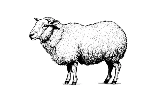 Χαριτωμένο Πρόβατο Αρνί Χάραξη Στυλ Διανυσματική Απεικόνιση Ρεαλιστική Εικόνα — Διανυσματικό Αρχείο