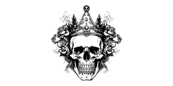 王冠のある頭蓋骨の手描きの肖像画 あなたのファッションデザインのためのベクトルロックイラスト — ストックベクタ