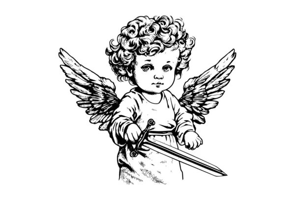 Petit Ange Avec Épée Vecteur Style Rétro Gravure Illustration Noir — Image vectorielle