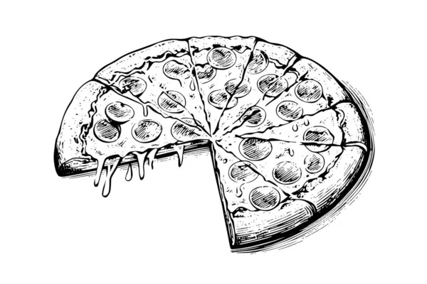 Affettata Pizza Schizzo Disegnato Mano Incisione Stile Vettoriale Illustrazione — Vettoriale Stock